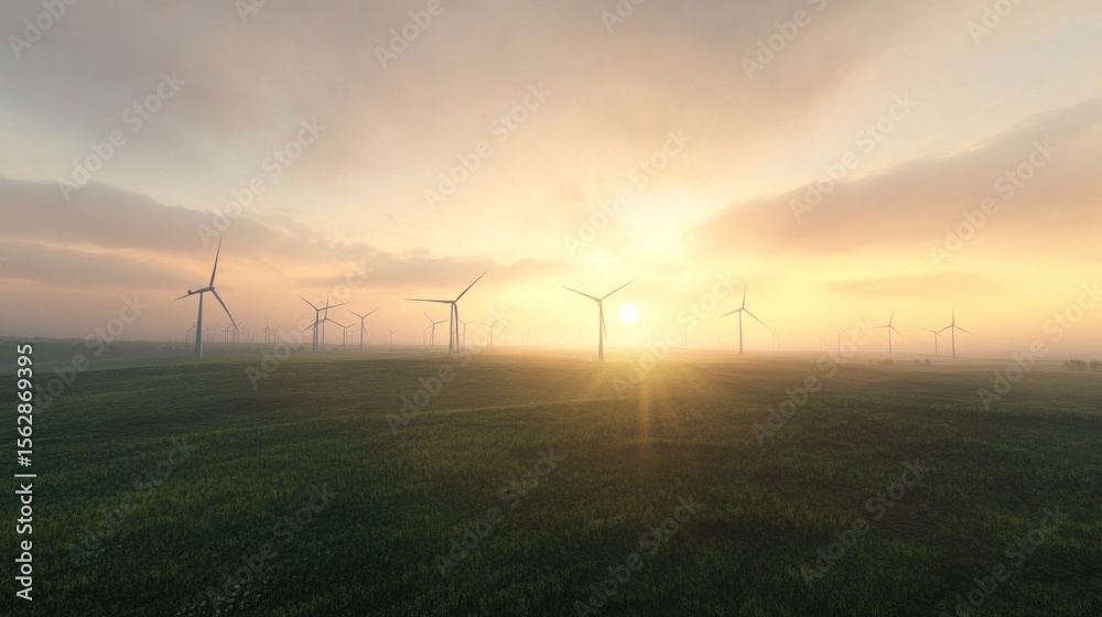 Obraz premium Sunrise over a field of wind turbines. Foggy morning landscape with windmills.