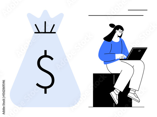 Woman seated on a box using a laptop, next to a money bag icon representing wealth and savings. Ideal for finance, freelance work, profit generation, online earning, budgeting, freelancing