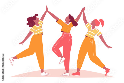 Friendship and Celebration: A vibrant illustration captures a dynamic moment of connection, where three diverse women joyfully celebrate with a high five.