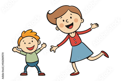 Joyful Embrace: A cartoon illustration depicts a mother and son in a heartwarming moment, with arms open, inviting connection and capturing a moment of happiness and joy.