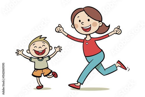 Joyful Run: A happy mother and son joyfully running together, radiating pure happiness and boundless energy.