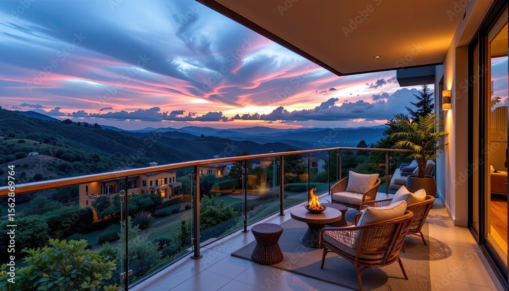 Fototapeta premium Serene Sunset View from Modern Balcony with Cozy Seating Area