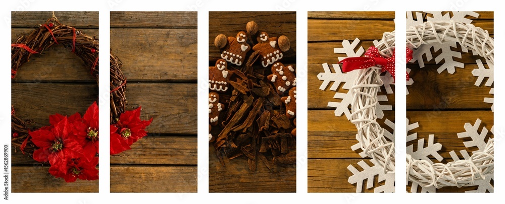 Fototapeta premium Showing wreaths and cookies on wood panels, poinsettia cinnamon sticks snowflakes ribbon copy space
