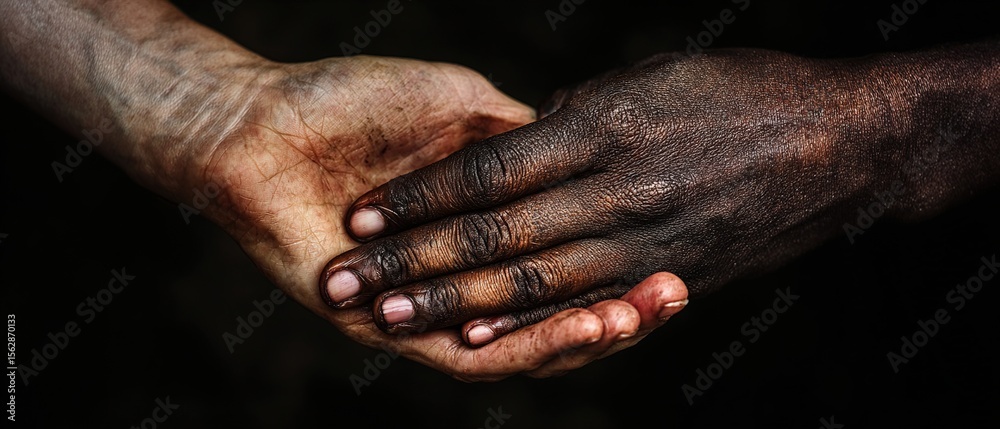 Fototapeta premium African and caucasian hands. Giving a helping hand to another. Woman and african woman hand. Helping hand, Rescue, multiathnic people. High quality