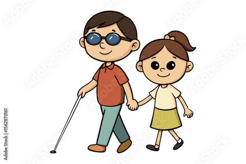 Guiding Hand: A heartwarming illustration depicting a young girl assisting a person with impaired vision, symbolising support, companionship, and empathy.