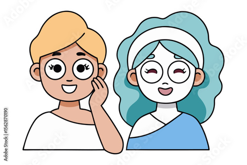 Facial Fun: Cartoon art of two girls enjoying facial spa treatments, highlighting self-care and beauty routines.