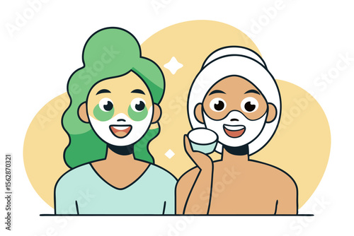 Happy Spa Day: Two cheerful women enjoy a relaxing spa day together, applying face masks and eye patches. Their expressions radiate contentment and happiness.