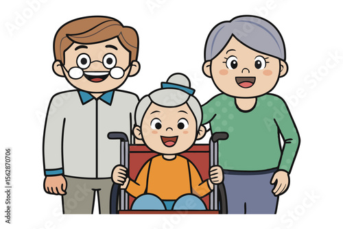 Family Love and Support: A heartwarming illustration shows an elderly person in a wheelchair, surrounded by two smiling adults, symbolizing care and support. 