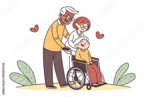 Family Time: A tender moment captured in a colorful illustration. An elderly couple gently pushes their grandchild in a wheelchair, with hearts floating above, capturing love and care.