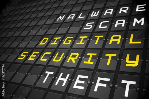 Digital security buzzwords on black mechanical board