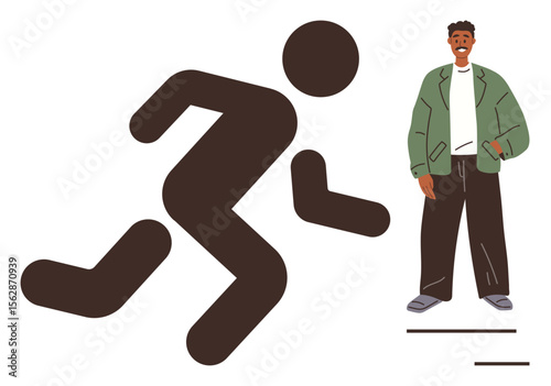 Stylized black running figure beside a smiling person in casual attire. Ideal for concepts thumbs up motion, individuality, fitness, leisure, lifestyle, self-expression, modern design. A simple flat