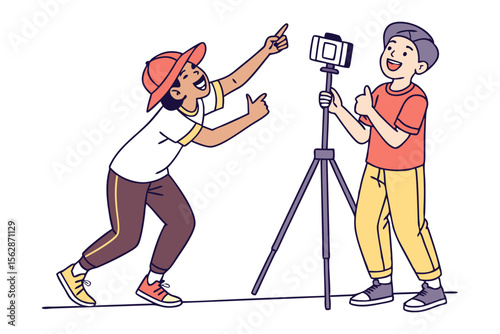 Kids filming with smartphone: Young content creators capture the world through the lens of a smartphone. A moment of creative expression, a snapshot of friendship, and the simplicity of joy.