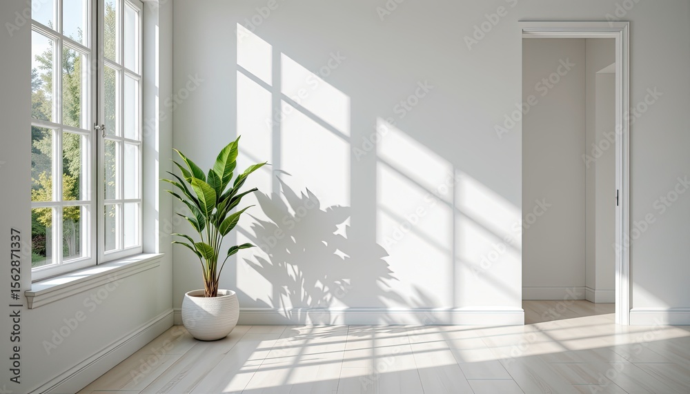Fototapeta premium Bright and Airy Interior with Houseplant and Sunlight Shadow Play