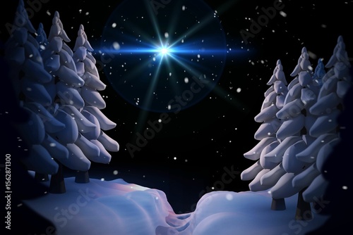 Nighttime winter forest scene is showing flat design with snowdrifts, pines, bright star lens flare