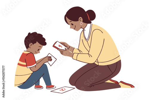 Learning Moments: A heartwarming scene unfolds as a mother and child bond over educational activities, fostering growth and understanding in a colorful, interactive setting.