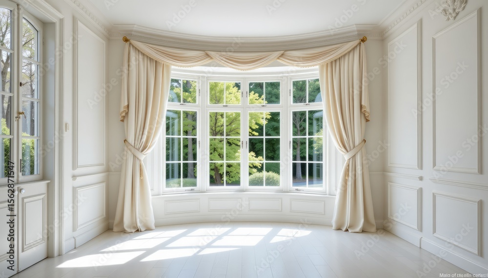 Fototapeta premium Elegant Bright Interior with Large Bay Window and Soft Drapery