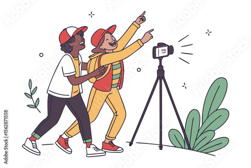 Capturing the Moment Together: Two friends eagerly point towards the lens, embracing the spirit of creative exploration. They exude joy and a shared sense of discovery.