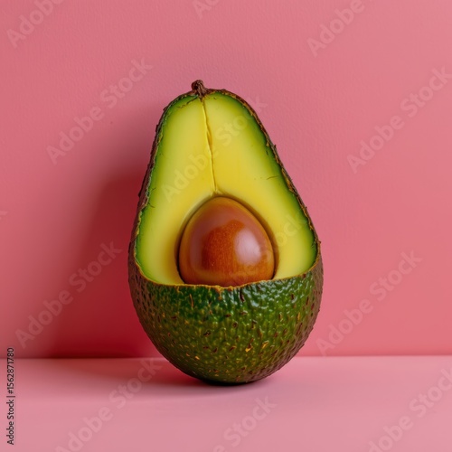 A vibrant half avocado with seed sits upright against a smooth pink background, highlighting its fresh green interior and textured dark skin.