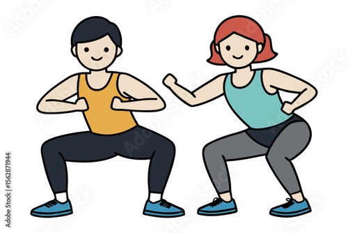 Fitness Buddies Squatting Together: A dynamic duo performs squats in a vibrant illustration, celebrating the power of fitness, teamwork, and the joy of working out together.