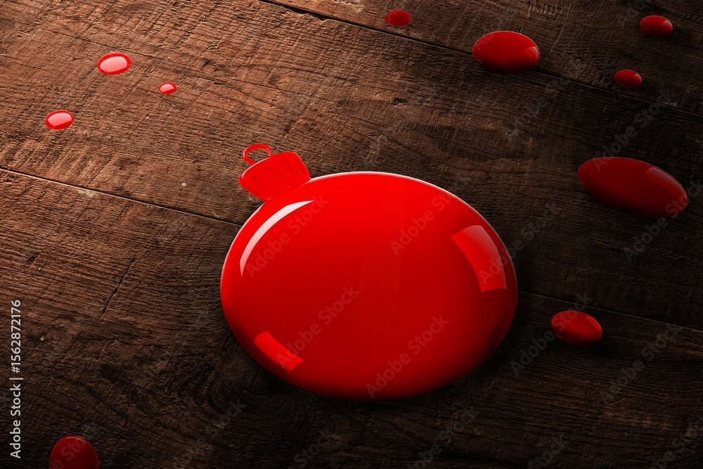 Fototapeta premium Glossy red sphere is resting on dark wood planks with scattered droplets in 3D render