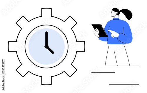 Female holding tablet pointing at tasks beside a large gear with a clock inside. Ideal for time management, productivity, workflow, business planning, scheduling, efficiency, simple landing page