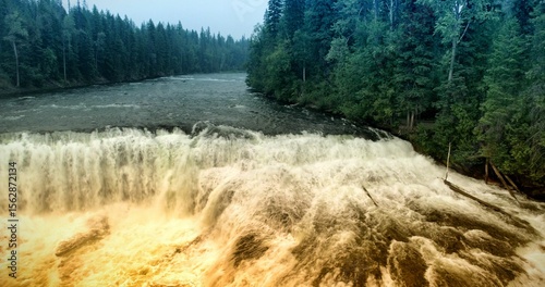 vector waterfall plunging over river ledge into rapids, mist rising amid evergreens and fallen log