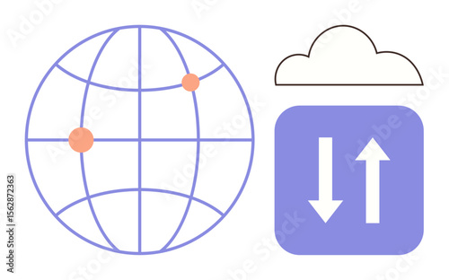 Globe with network points beside a cloud and data transfer icon. Ideal for technology, networking, communication, cloud storage, global reach, data sharing, online services. Minimal flat metaphor