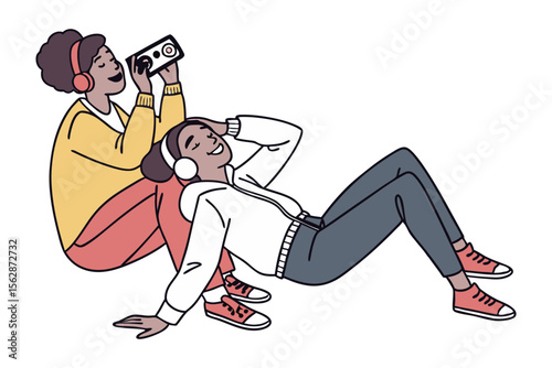 Gaming Bliss: Two friends, immersed in a moment of shared joy. One enjoys a game console while the other listens to music. Together, they create a feeling of carefree bliss.