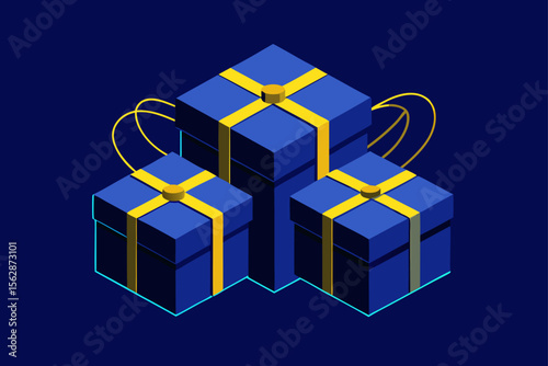 A vibrant blue gift box with a gleaming gold ribbon and bow, perfect for a Christmas or birthday surprise