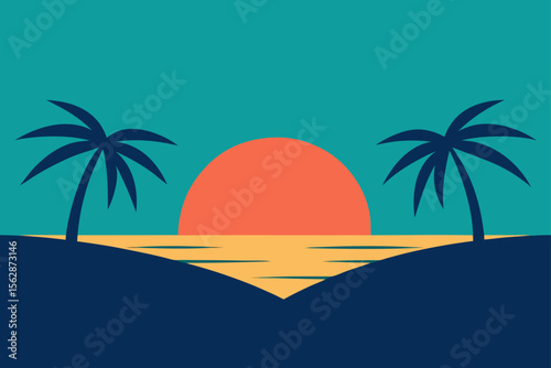 Tropical palms silhouetted against a summer sunset on a sandy beach