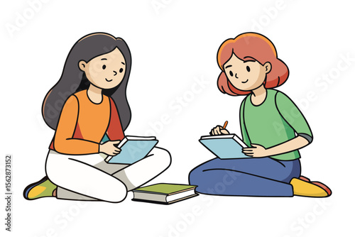 Creative Collaboration: Two students engrossed in shared projects, surrounded by books, capturing the essence of shared learning and collaborative creativity.