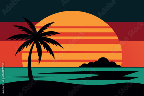 Tropical sunset on a serene beach with palm trees silhouetted against the vibrant sky and ocean