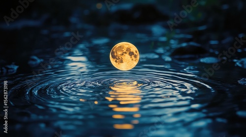 Puddle reflecting full moon with rippled distortion night glow and calm tones ideal for cinematic or poetic visuals