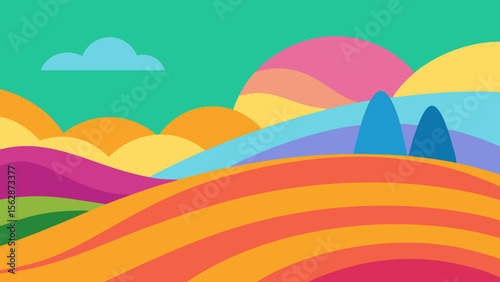 A vibrant vector illustration of a rainbow arching over a serene mountain landscape under a colorful sky with clouds, capturing the essence of nature's beauty at sunrise or sunset