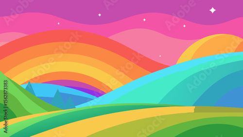 A vibrant rainbow arcs over a summer mountain landscape with green fields and a clear sky at sunrise