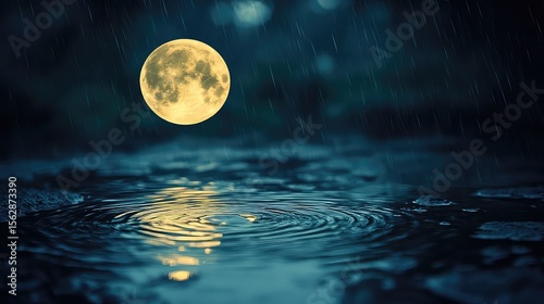 Puddle reflecting full moon with rippled distortion night glow and calm tones ideal for cinematic or poetic visuals