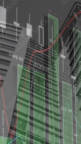 Animation of financial data processing over cityscape