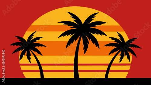 Here's one sentence describing the image:

Tropical palm trees silhouette against a vibrant sunset sky over the ocean, evoking a serene island paradise