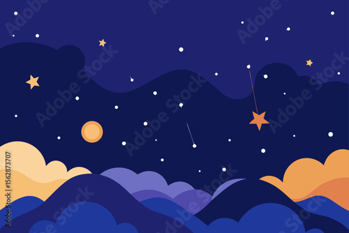 Celestial Night Sky Dreamy Clouds and Starry Landscape Illustration