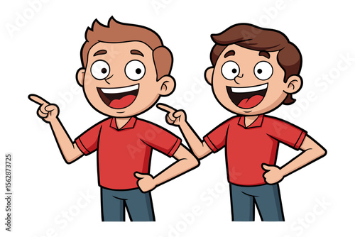 Friendly Companions: An illustration of two happy companions, pointing towards something, ready to introduce a product or idea.