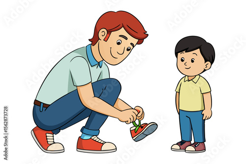 Father-Son Shoe Tying: An illustration of a father affectionately tying his son's shoe, a heartwarming moment of everyday bonding. This scene encapsulates tenderness and fatherly love.