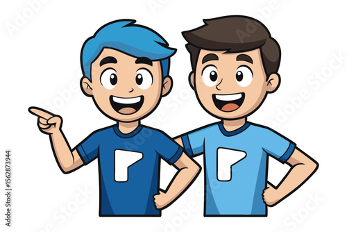 Friendly Duo: A vibrant cartoon captures two boys, dressed in complementary blue tones, as they stand together, showcasing unity and camaraderie.