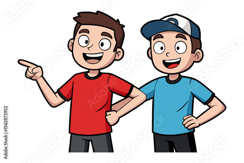 Friendly Duo's Illustration: Illustration depicting two happy friends sharing a moment, one pointing toward something, with an energetic sense of companionship and joy.