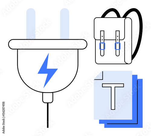 Electric plug with lightning bolt, backpack with buckles, stacked documents with letter T. Ideal for energy, education, organization, technology, digital storage, learning simple landing page