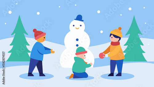 Joyful Winter Scene Children Building a Snowman in Snowy Landscape