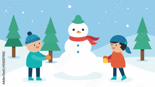 Joyful Winter Scene Children Building a Snowman in Snowy Landscape
