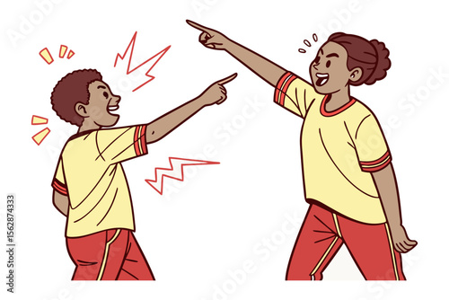 Kids Arguing: Two children are engaged in a heated argument, pointing fingers and expressing anger. This illustration captures the intensity of childhood conflict.