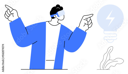 Man wearing virtual reality glasses gesturing with both hands, lightning light bulb symbolizing innovation. Ideal for technology, education, learning, creativity, ideas, futuristic concepts, simple