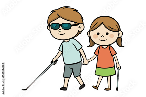 Supporting Steps: A touching illustration depicts two individuals walking together. One, with a visual impairment, relies on a cane for guidance, while the other offers a supporting hand.