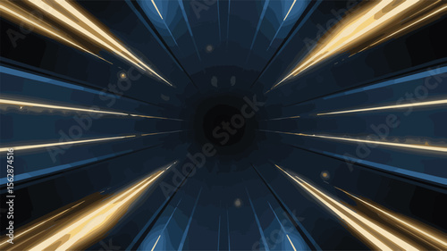 Dark blue tunnel with golden light streaks and black hole vector